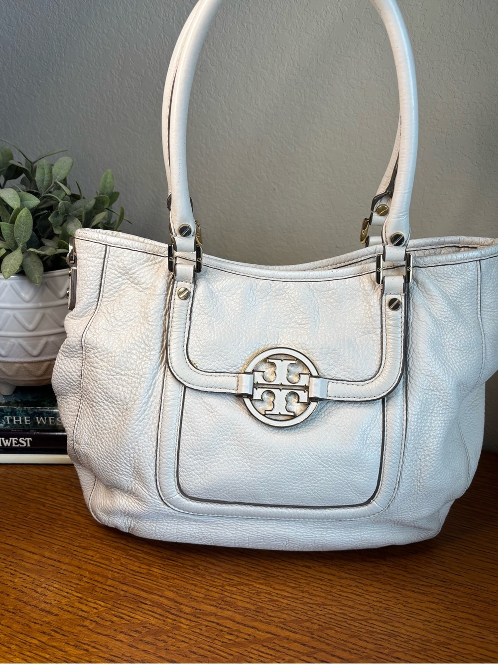 Tory Burch Cream Pebbled Leather Tote with Logo Medallion